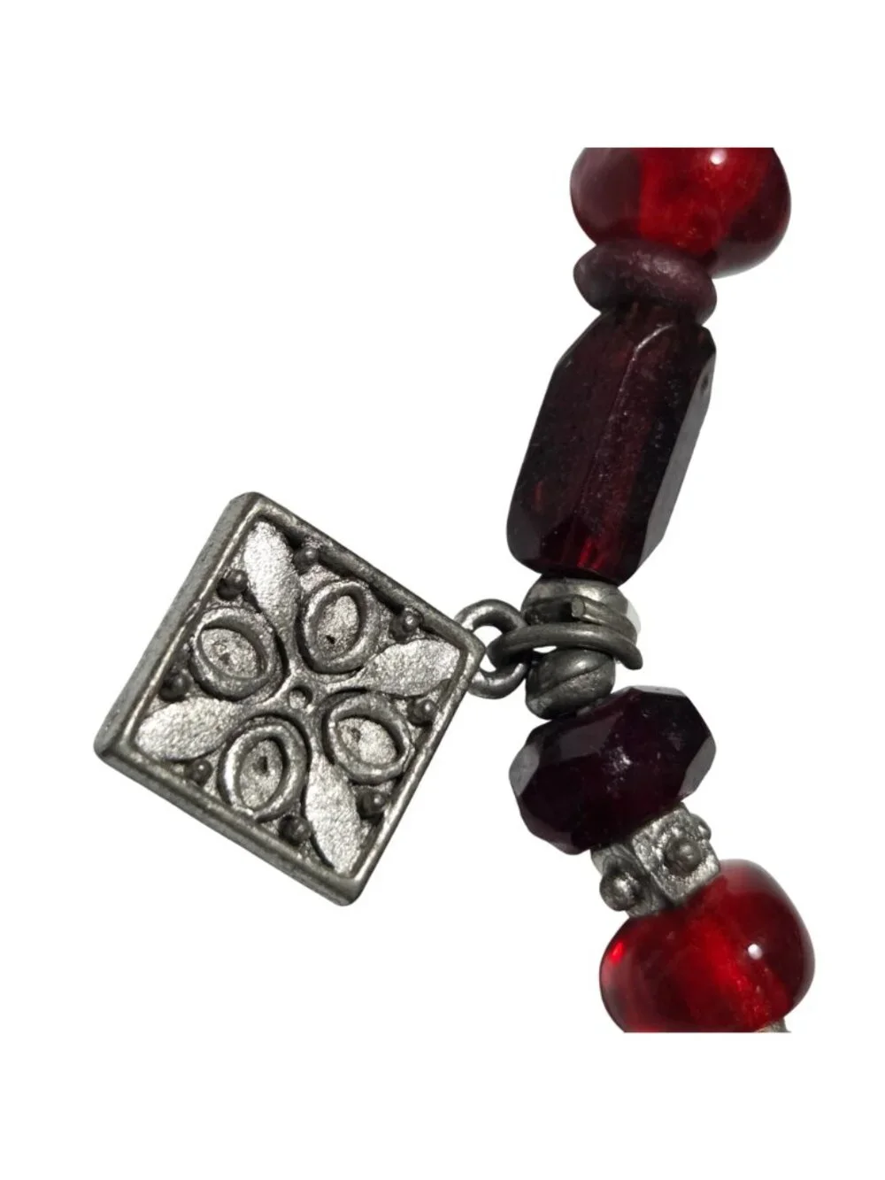 Retro Beaded Charm Bracelet Stretch Red Silver Handmade Fashion Jewelry Women
